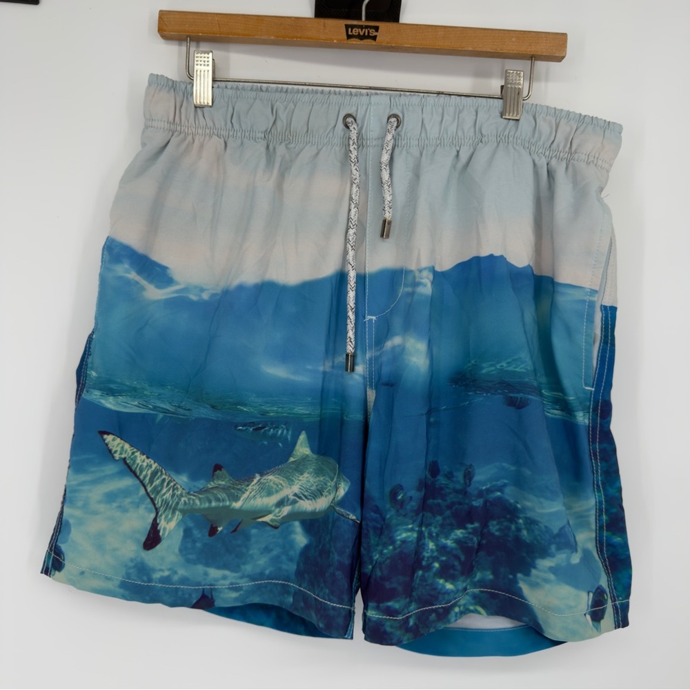 Vintage Summer Underwater Shark Print Swim Trunks Sz XL Mens